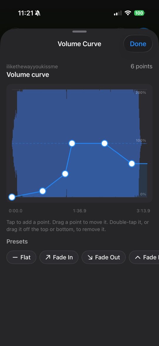 Audio timeline with a volume automation curve