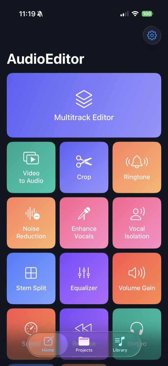 App home screen with multitrack editor, video-to-audio, crop, and ringtone tools