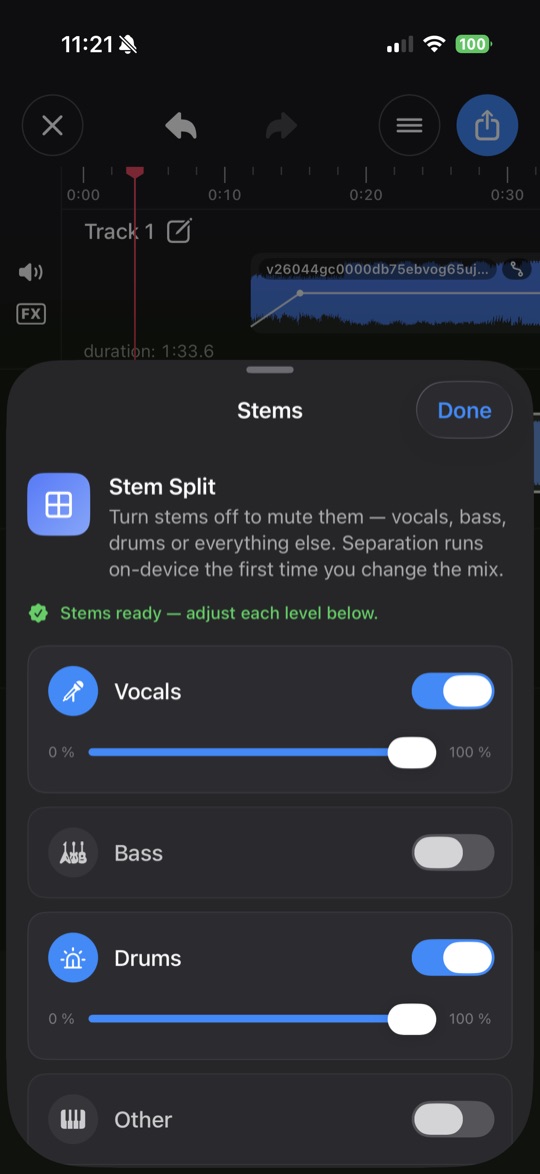On-device stem separation for vocals, drums, bass, and other instruments