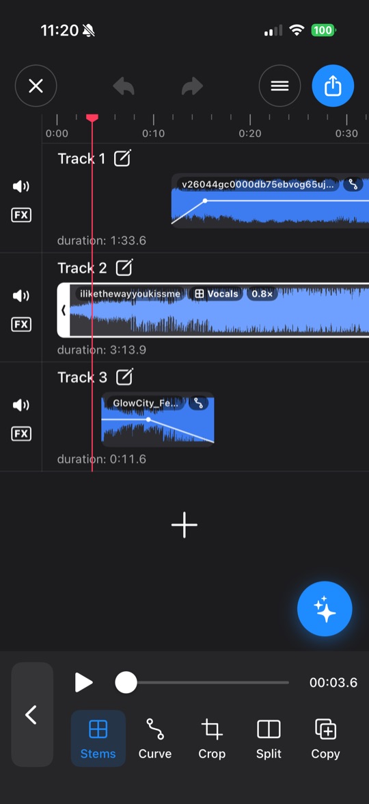 Multitrack audio editor with layered waveforms and volume curves